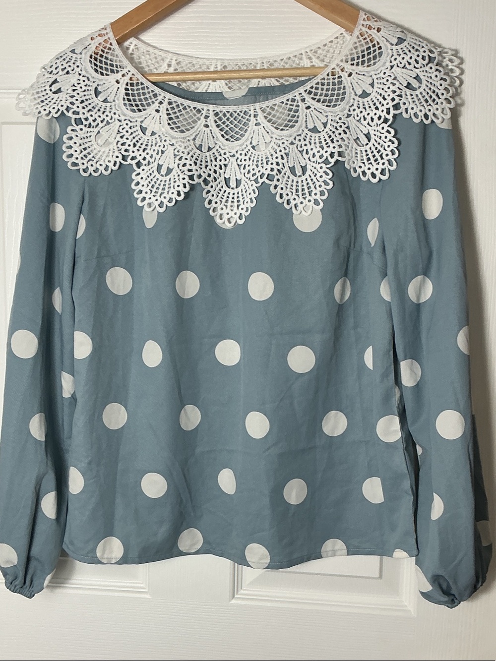 Polka Dot Lace Collar Blouse in Slate Blue and White